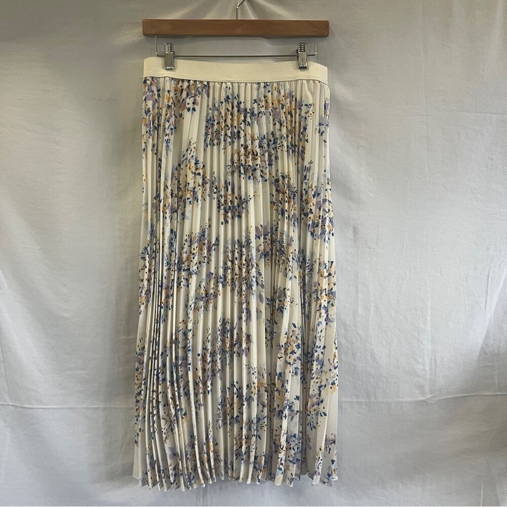 Vince Camuto Pleated Midi Skirt Womens Small Ivory Floral Elastic Waist Lined - Picture 3 of 9